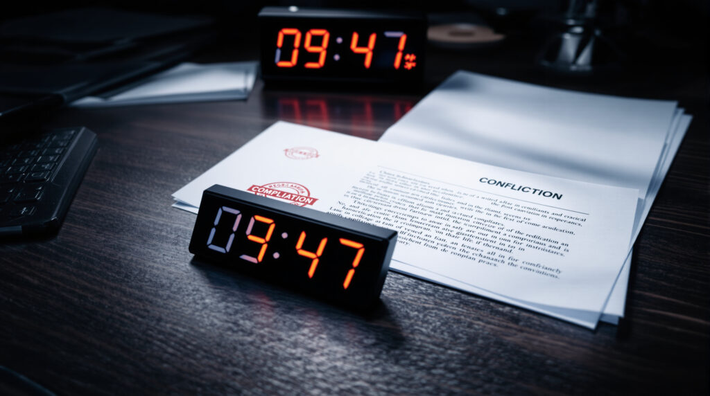 Official compliance documents with stamps on desk