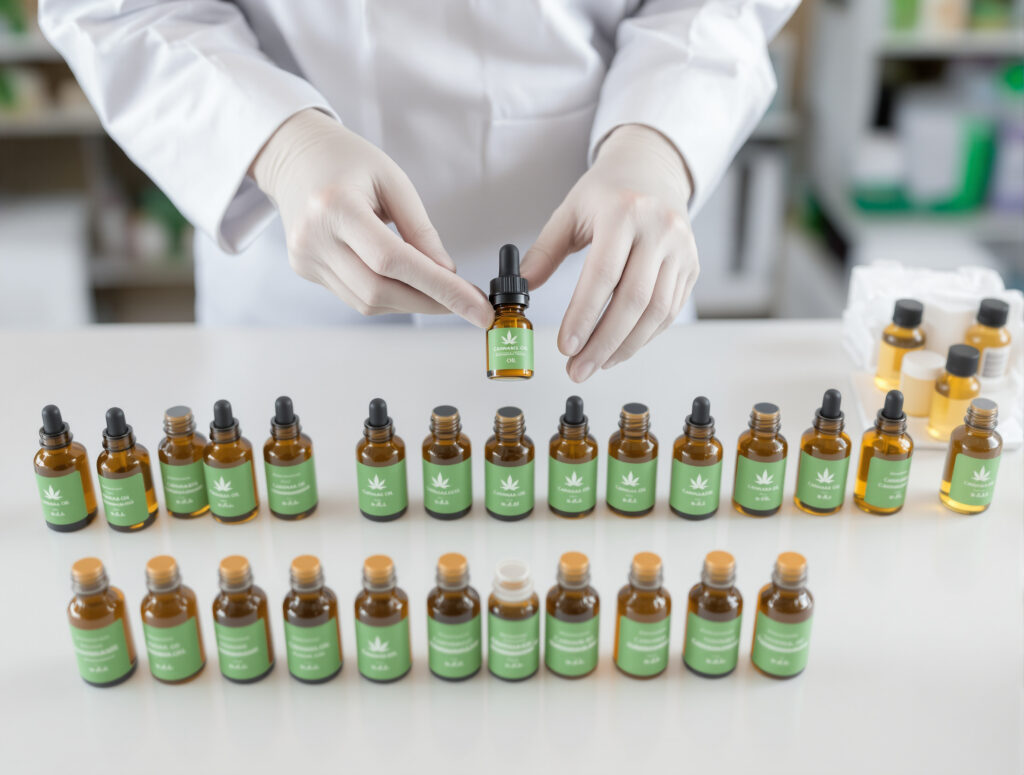 Physician arranging cannabis oil bottles on pharmacy counter