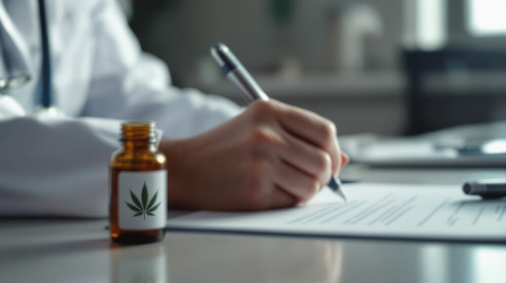 Arzthand beim Ausfüllen eines Cannabis-Rezepts