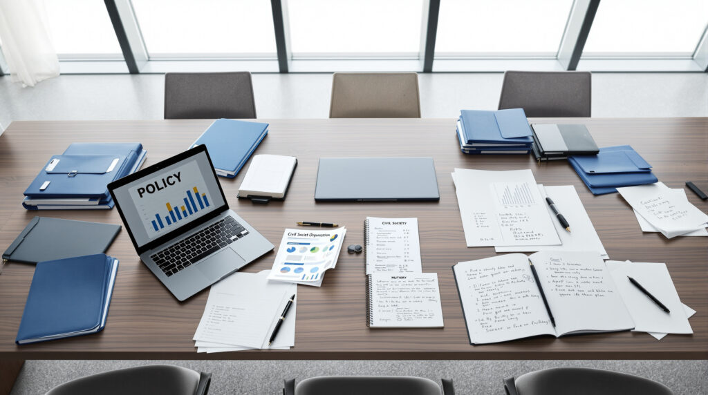Arbeitsunterlagen und Laptops auf Konferenztisch für Strategiearbeit