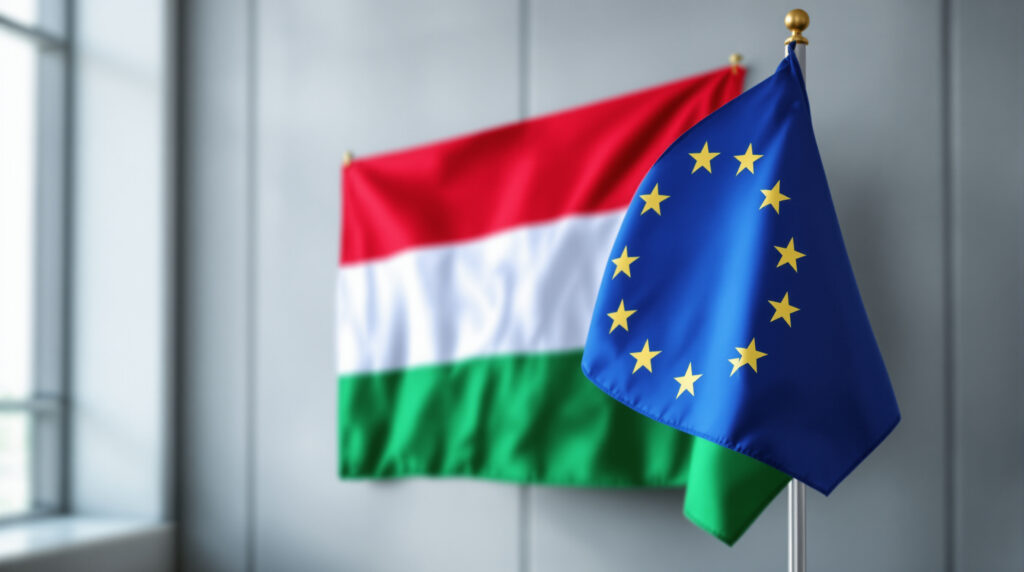 EU-Flagge und ungarische Nationalfarben in diplomatischem Kontext