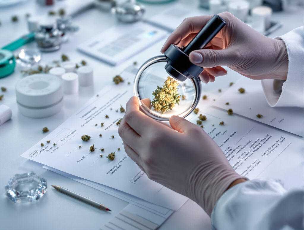 Medizinische Untersuchung von Cannabisblüte unter Lupe im Labor