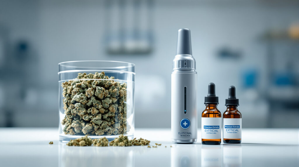 Gegenüberstellung Cannabisblüten und medizinische Extrakte im Labor
