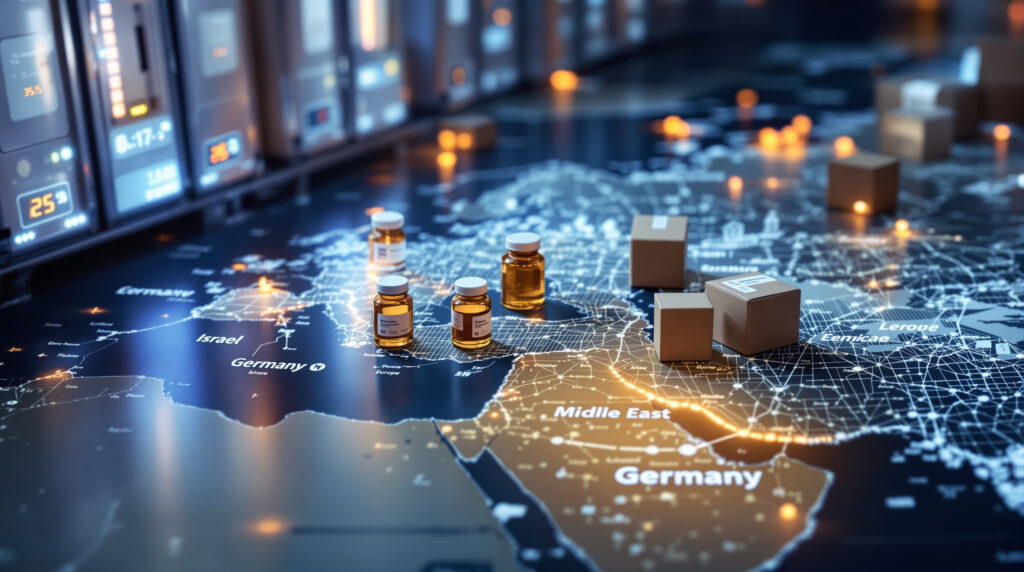 Internationale Cannabis-Pharma-Lieferkette mit Transportbehältern