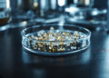 CBD-Kristalle auf Laborwaage unter dramatischer Beleuchtung