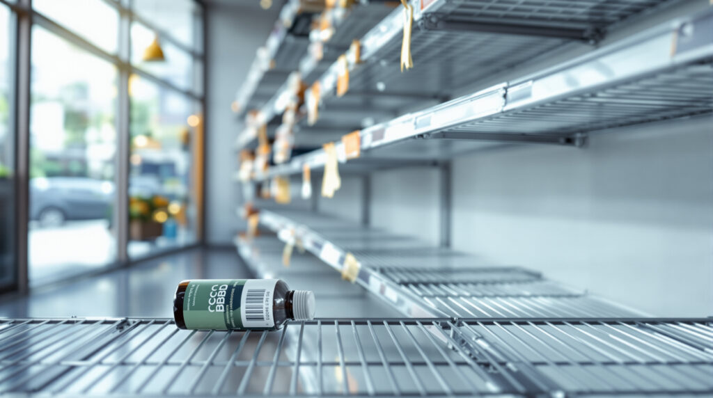 Leeres Verkaufsregal mit einzelner umgefallener CBD-Flasche