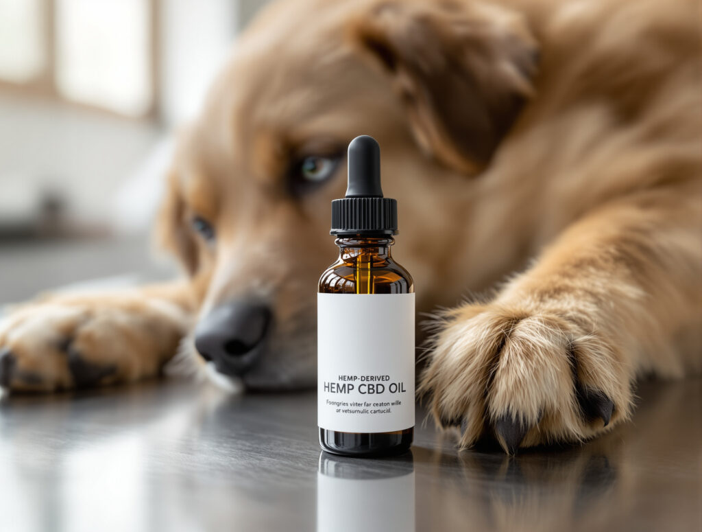 CBD-Öl-Präparat für veterinärmedizinische Anwendung neben Hundepfote