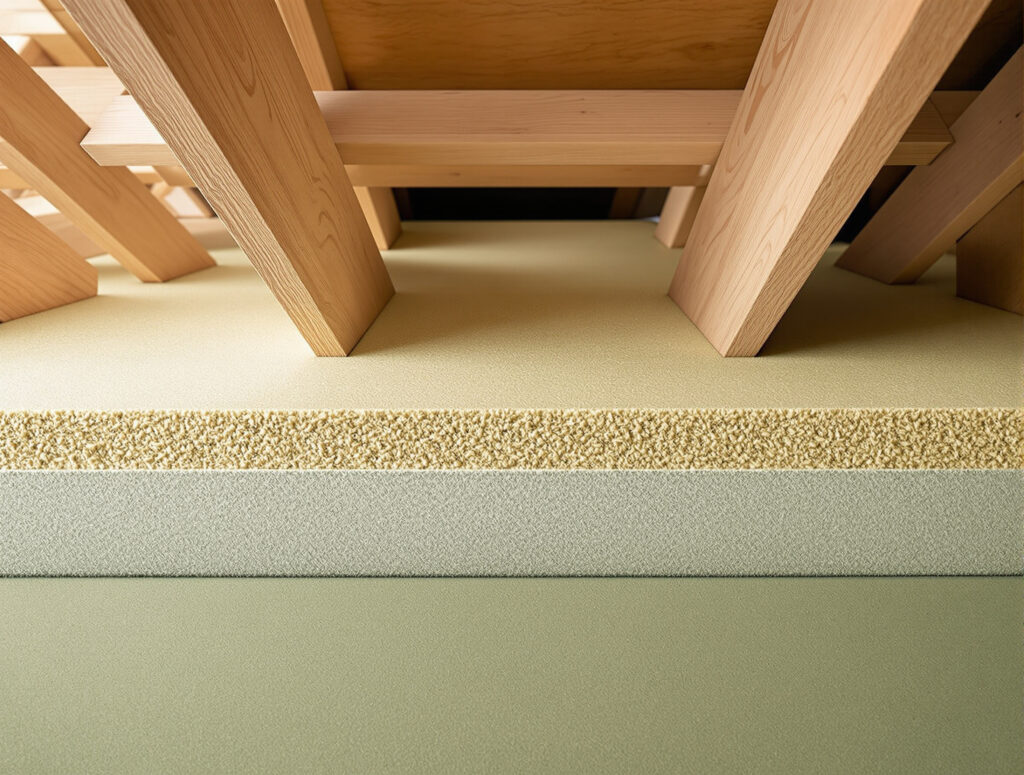 Querschnitt Dachdämmung mit Hanffasermatten zwischen Sparren