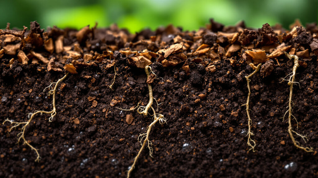 Makro-Aufnahme eines Living-Soil-Querschnitts mit Myzel und Wurzeln