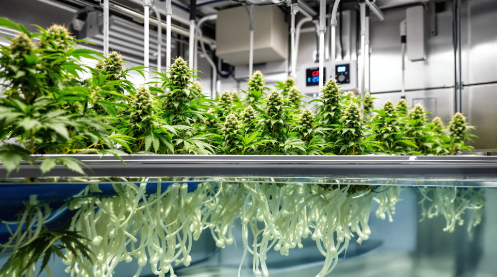 Professionelle Hydroponik-Anlage mit Cannabis-Pflanzen und Monitoring-System