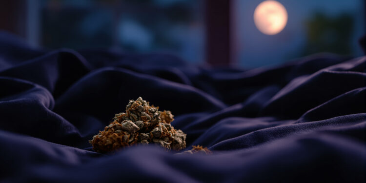 Cannabis-Blüten auf dunklem Bettlaken bei nächtlichem Mondlicht