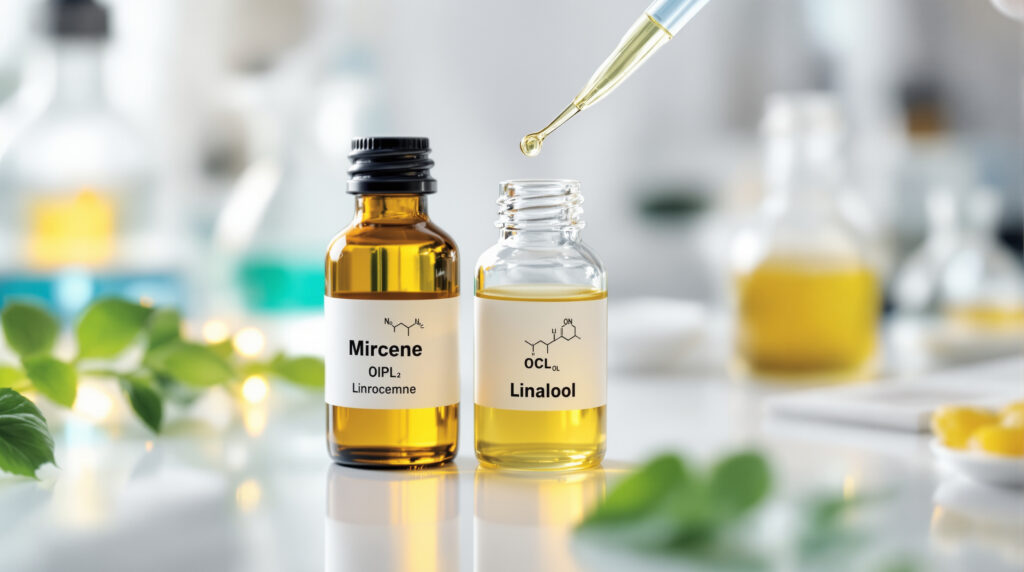 Terpen-Analyse im Labor mit Myrcen und Linalool in Glasgefäßen
