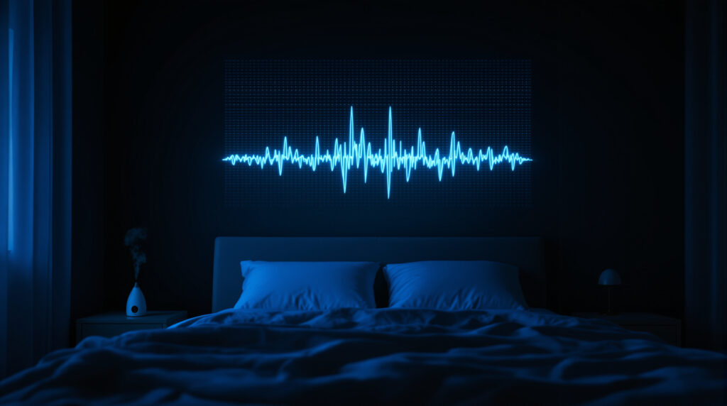 EEG-Schlafphasen-Visualisierung an Schlafzimmerwand mit Vaporizer im Vordergrund