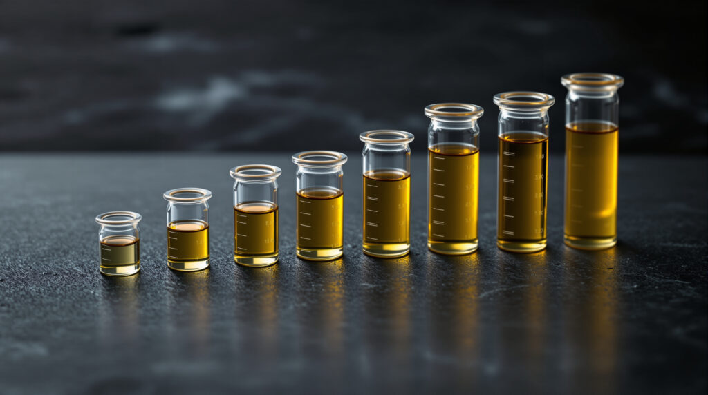Glasfläschchen mit verschiedenen Konzentrationen einer Cannabinoid-Lösung