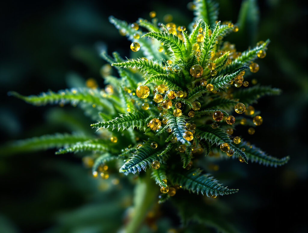 Makroaufnahme von Trichomen einer Cannabispflanze mit sichtbaren Harzdrüsen