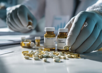 Forscherin ordnet Medikamentenflaschen und Cannabis-Präparate im Labor