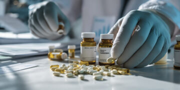 Forscherin ordnet Medikamentenflaschen und Cannabis-Präparate im Labor