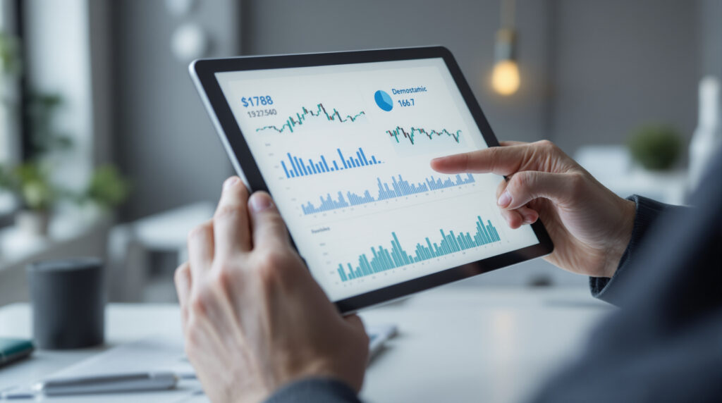 Analyst zeigt Rückgang in statistischer Auswertung auf Tablet