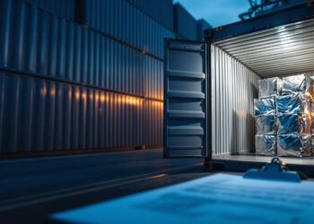 Versandcontainer im Hafen mit medizinischen Cannabis-Paketen