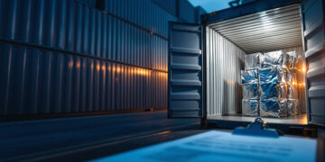 Versandcontainer im Hafen mit medizinischen Cannabis-Paketen