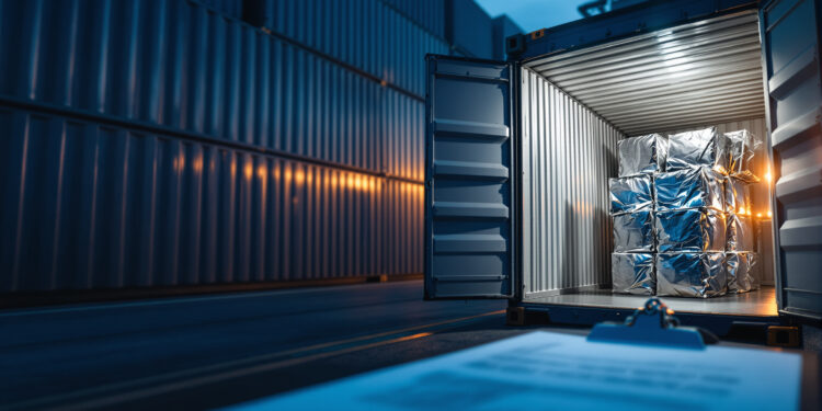 Versandcontainer im Hafen mit medizinischen Cannabis-Paketen