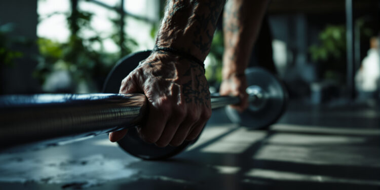 Athletenhand am Hantelgriff in modernem Fitnessstudio