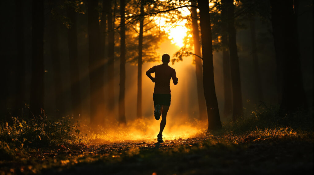 Läufersilhouette im goldenen Abendlicht mit Atemwolke