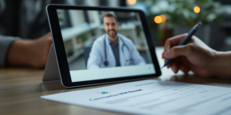 Telemedizinische Cannabis-Verschreibung mit Tablet und BtM-Rezept