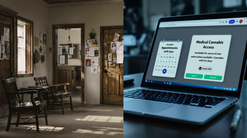Kontrast zwischen traditioneller Praxis-Wartezeit und schneller Online-Terminvergabe