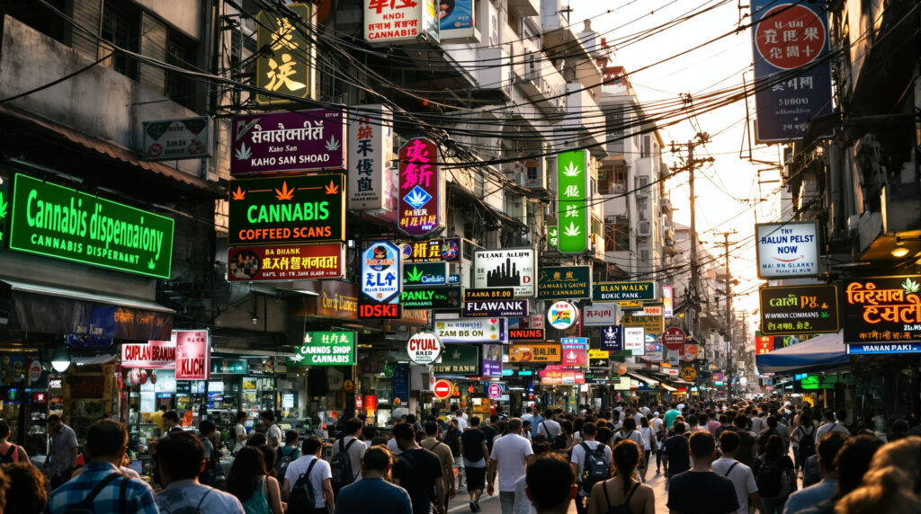 Dichte Ansammlung von Cannabis-Shops auf der Khao San Road 2024