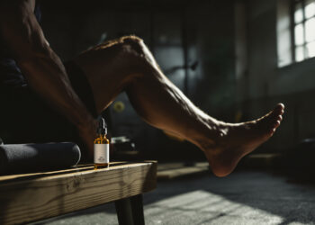 CBD-Öl neben Sportausrüstung nach dem Training auf einer Hantelbank