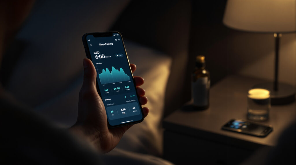 Schlaf-Tracking-App auf Smartphone neben CBD-Öl auf Nachttisch