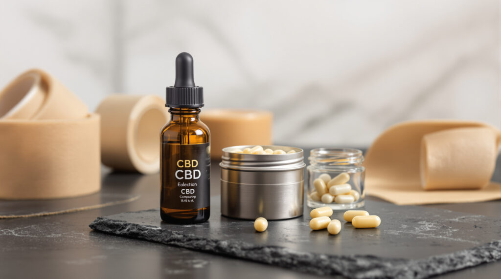 CBD-Öl, topische Salbe und Kapseln nebeneinander auf dunklem Untergrund