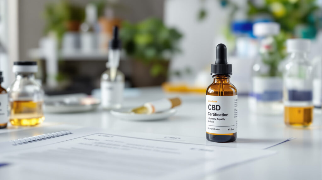 Laborzertifikat neben CBD-Produkt mit Drittanbieter-Prüfsiegel