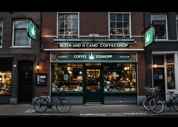 Traditionelle niederländische Coffeeshop-Fassade in Amsterdam