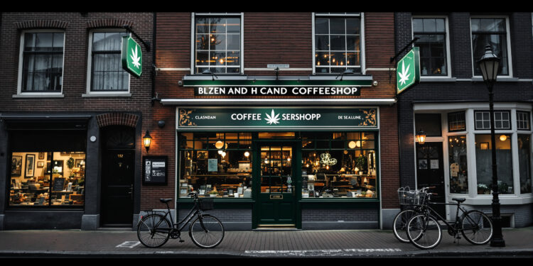 Traditionelle niederländische Coffeeshop-Fassade in Amsterdam