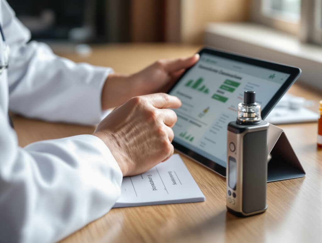 Arzt mit Vaporizer und Tablet zur Patientenaufklärung