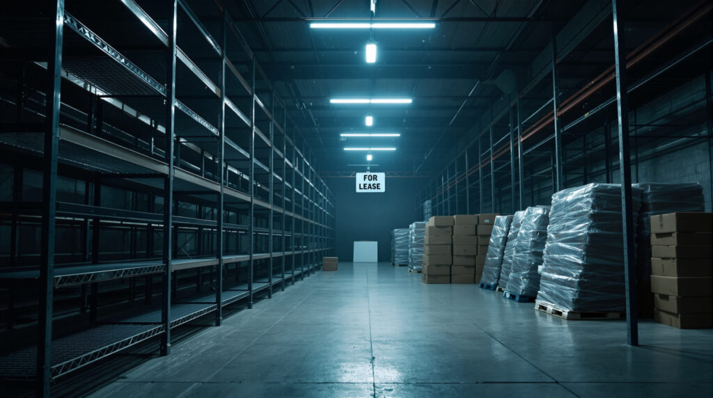 Leere Lagerhalle mit abgedeckten Regalen als Symbol für Industrierückgang