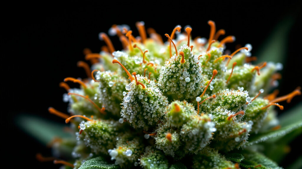 Makroaufnahme einer Cannabis-Blüte mit Trichomen und Stempelhärchen