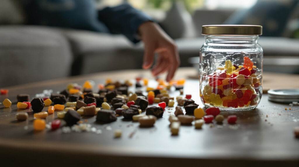 Cannabis-Edibles auf Couchtisch mit greifender Hand und Glasdose