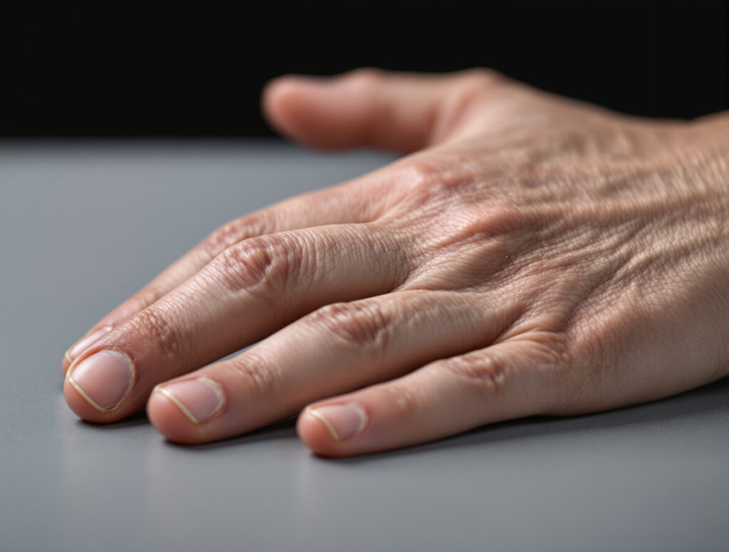 Hand mit Anzeichen rheumatischer Gelenkbeschwerden