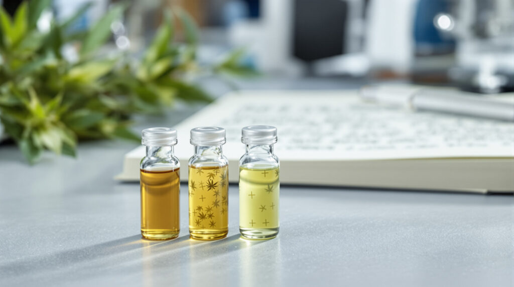 Forschungsaufbau mit Cannabis-Extrakten und Labor-Notizbuch