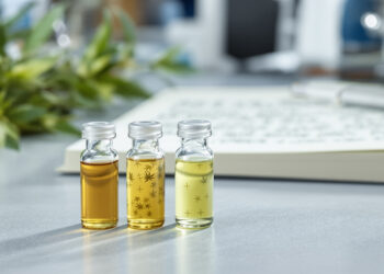 Forschungsaufbau mit Cannabis-Extrakten und Labor-Notizbuch