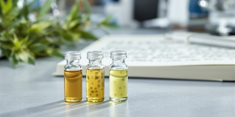 Forschungsaufbau mit Cannabis-Extrakten und Labor-Notizbuch