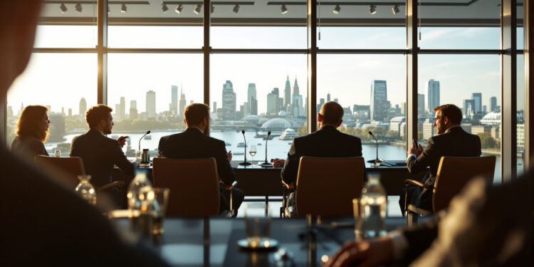 Konferenzpanel vor Londoner Themse-Panorama