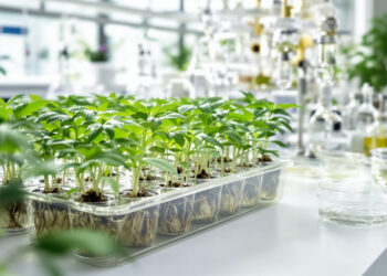 Cannabis-Genetik-Labor mit Setzlingen in Anzuchtschalen