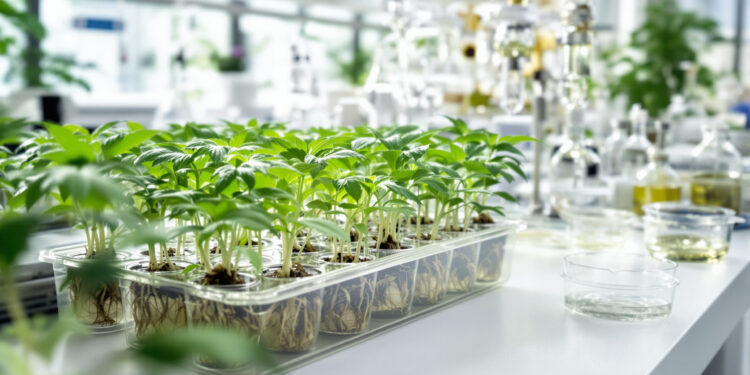 Cannabis-Genetik-Labor mit Setzlingen in Anzuchtschalen