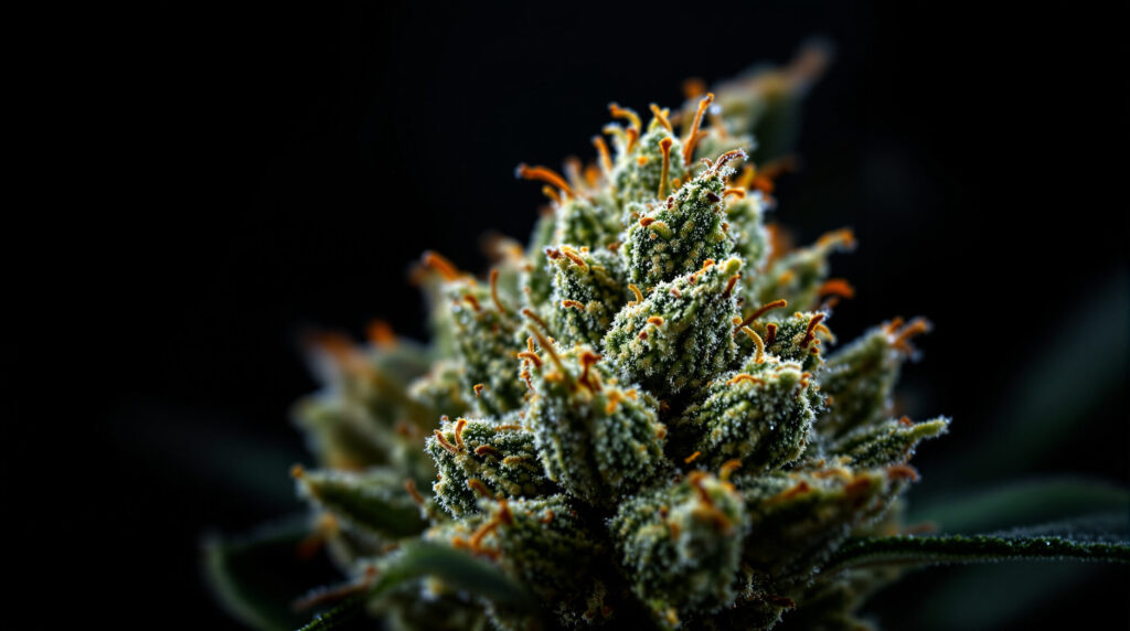 Nahaufnahme einer Cannabis-Blüte mit Trichomen und Blütenfäden