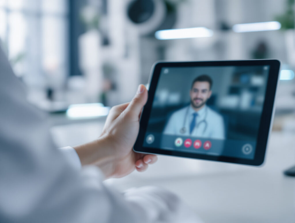 Hände halten Tablet für Telemedizin-Konsultation