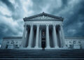 Gerichtsgebäude in Washington DC unter dunklen Wolken